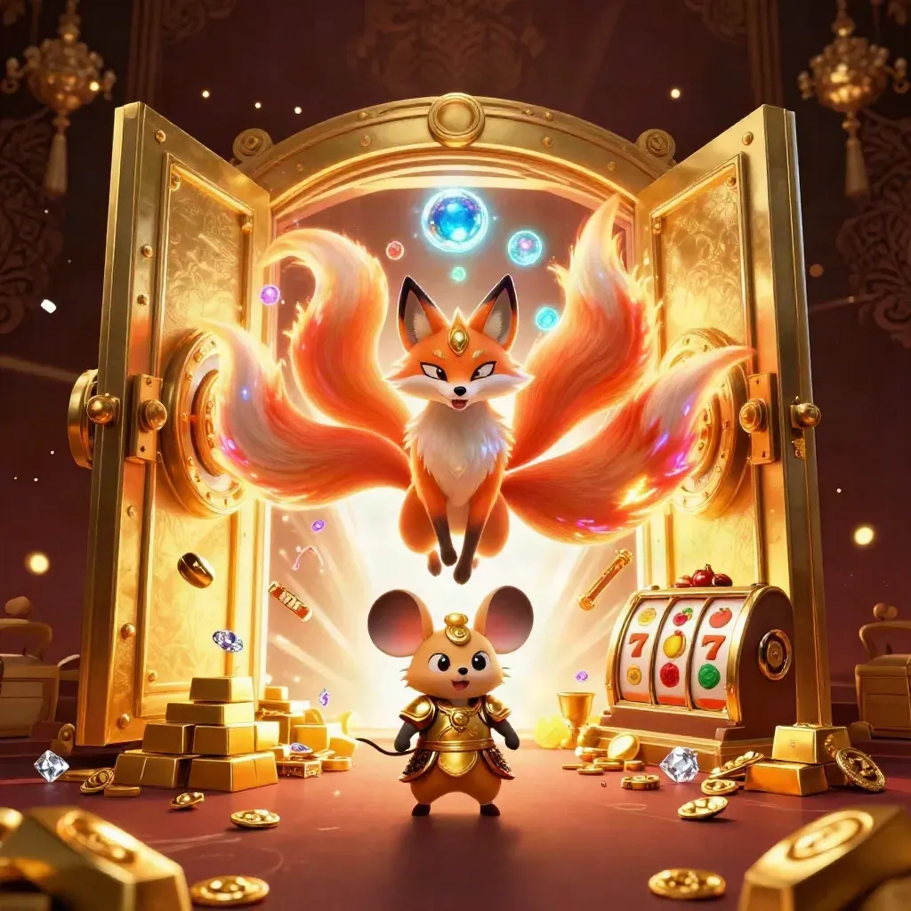 Nine-tailed fox spirit and armored mouse before a bursting gold vault, gems and casino icons flying.