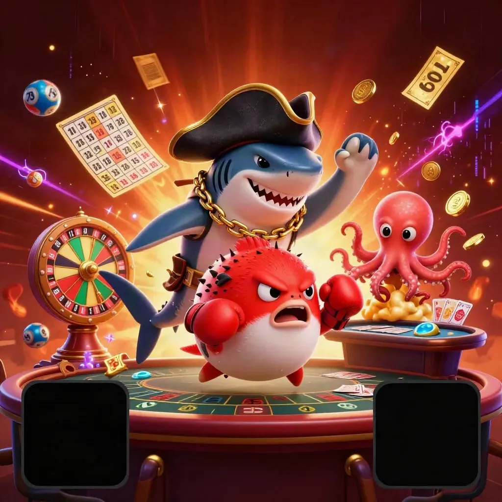 Pirate shark, boxing pufferfish, and coin-juggling octopus amid casino explosions and neon treasure