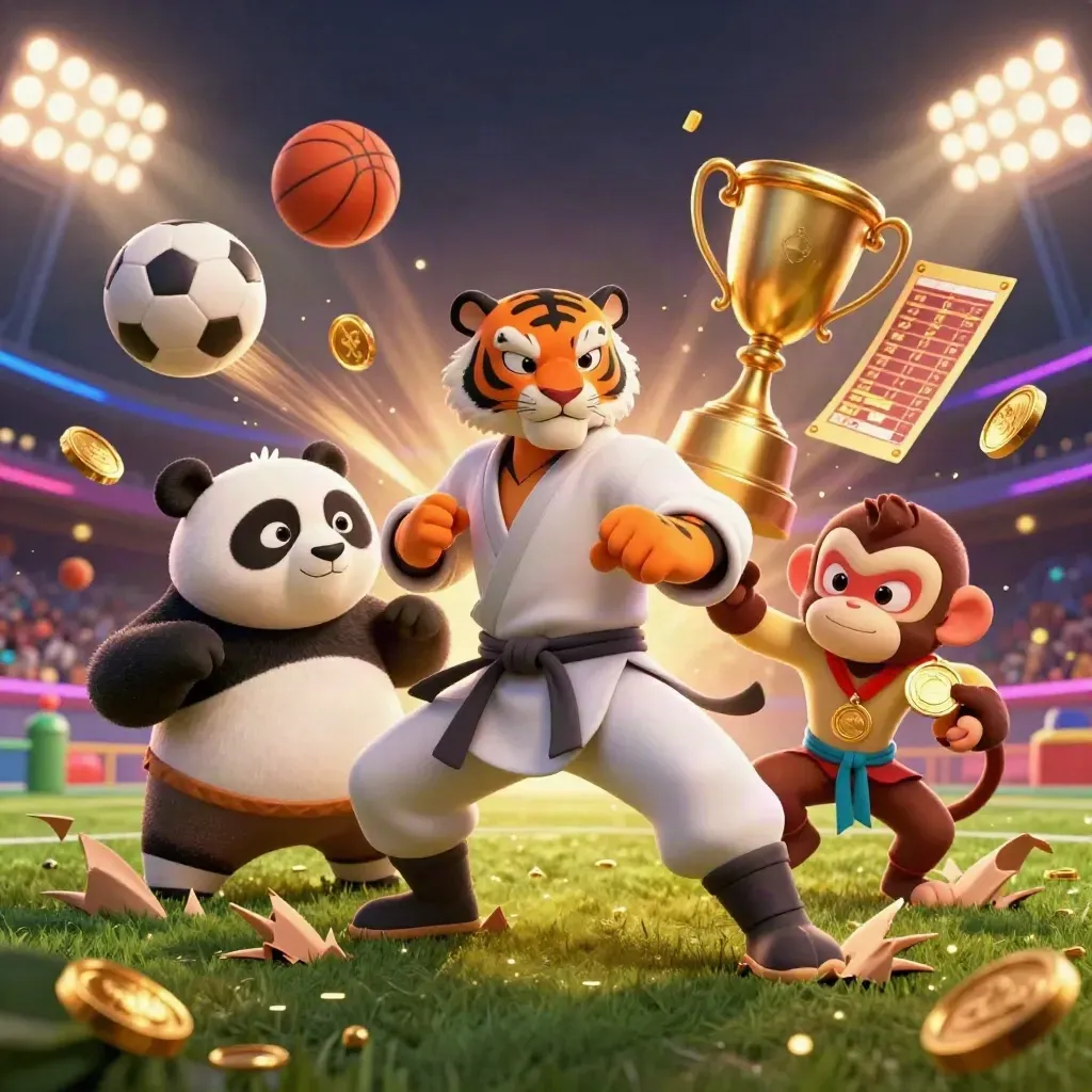 Kung-fu tiger, panda, and monkey amid flying sports gear and casino gold sparks.