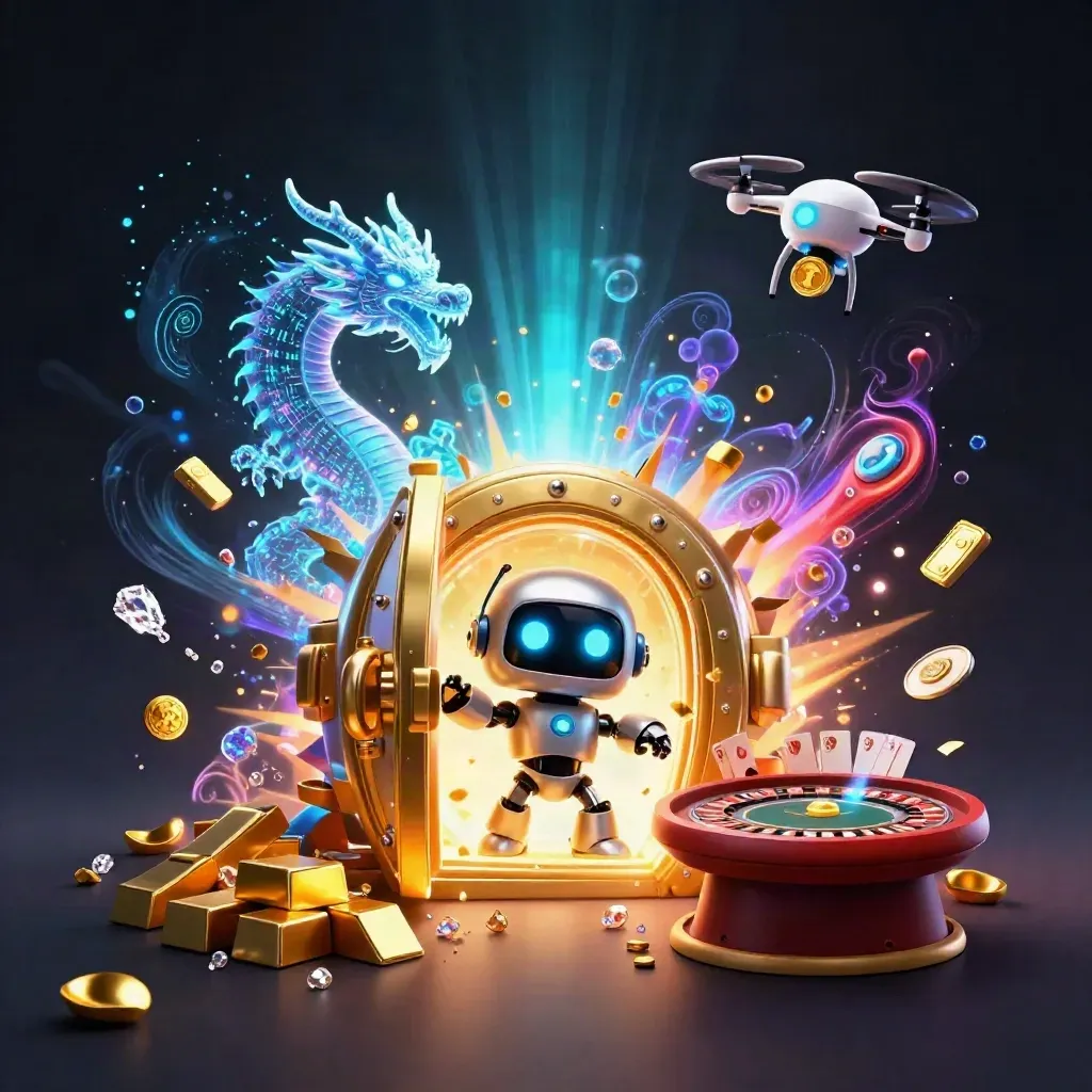 Robot, holographic dragon, and coin drone burst from a vault amid casino treasure and neon light.