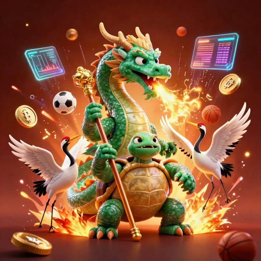 Dragon, turtle sage, and cranes amid neon casino sports energy, coins, balls, embers, and lightning.