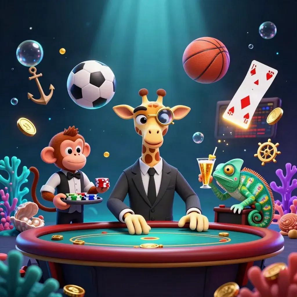 Giraffe, monkey, and chameleon at an underwater casino with a flying soccer ball and gold coins.