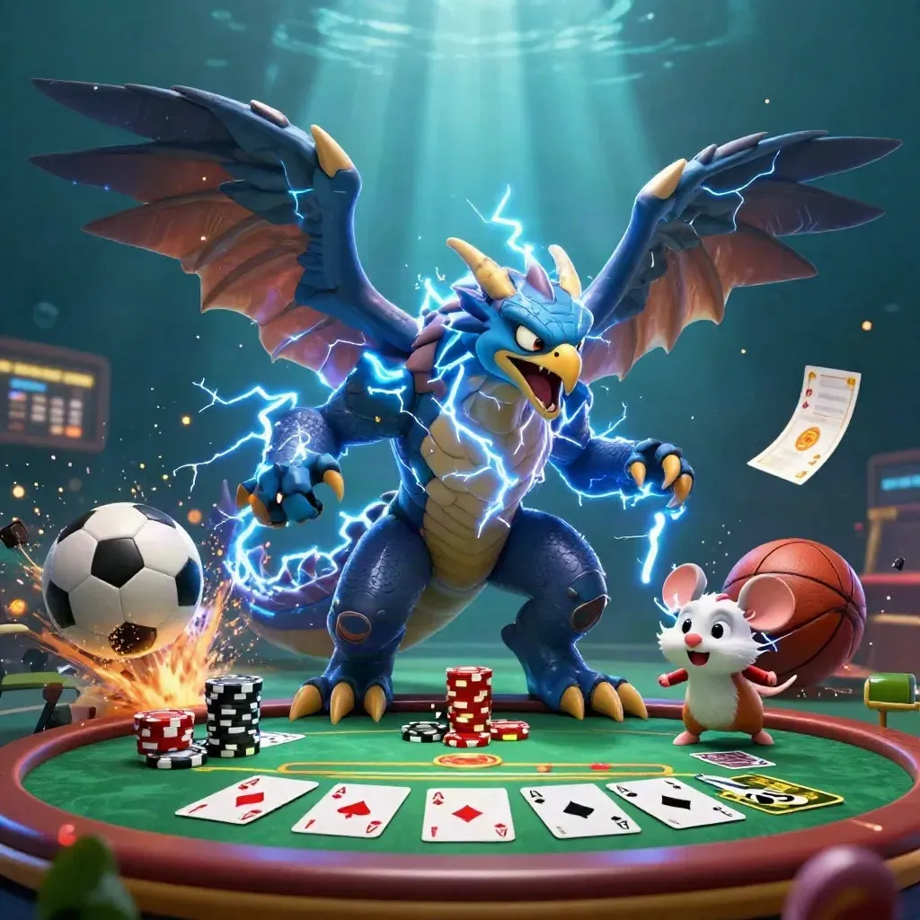Thunder dragon, wind hawk, and static mouse explode around casino chips and sports balls.
