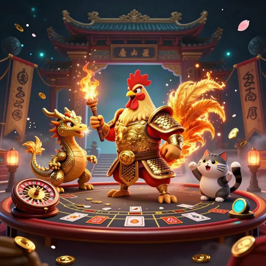 Rooster warrior, dragon hatchling, and fortune-cat in a glowing casino temple arena