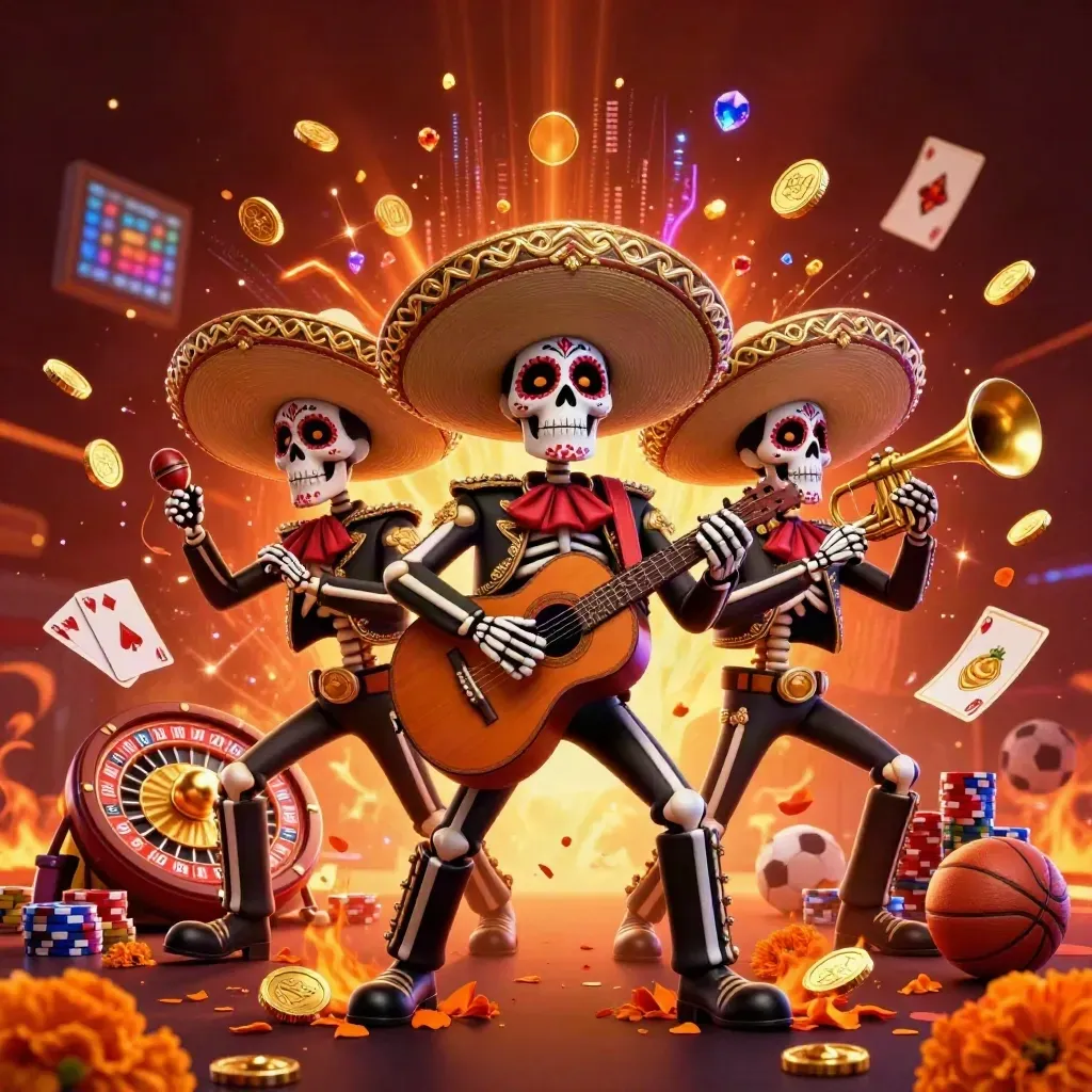 Skeleton mariachi trio amid casino coins, roulette, cards, and neon glow.