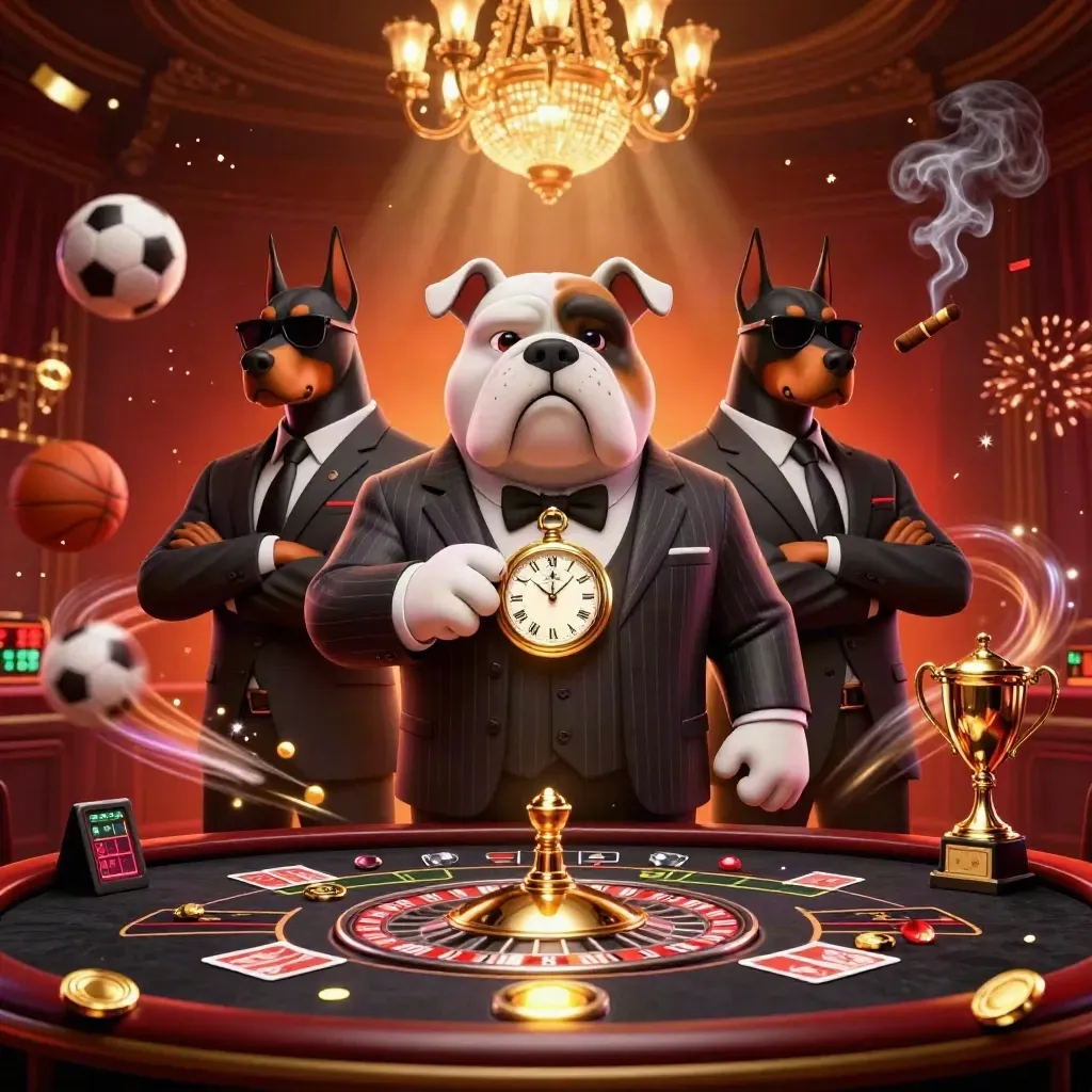 Bulldog casino boss with Doberman guards amid roulette, sports balls, coins, and neon gold sparks