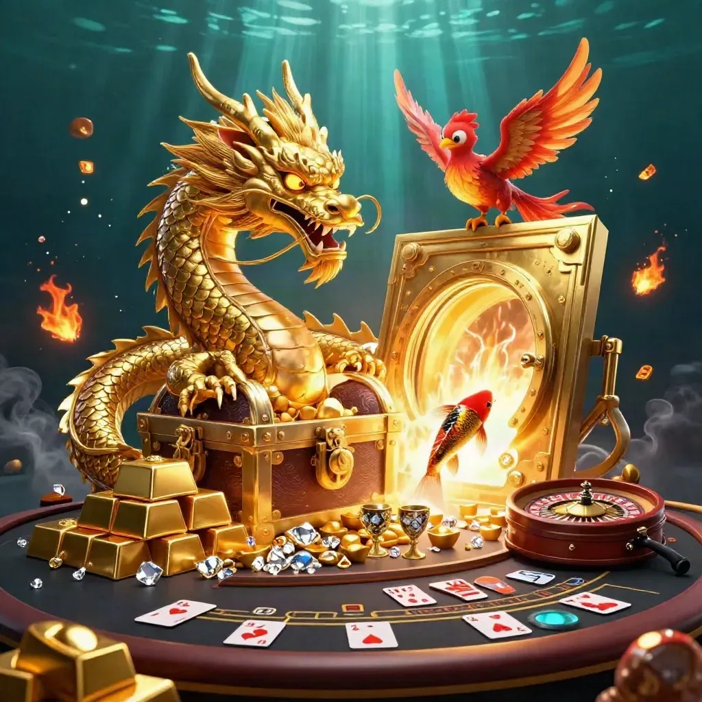 Golden dragon, phoenix and koi surge before a glowing treasure vault in a dark neon casino sea.