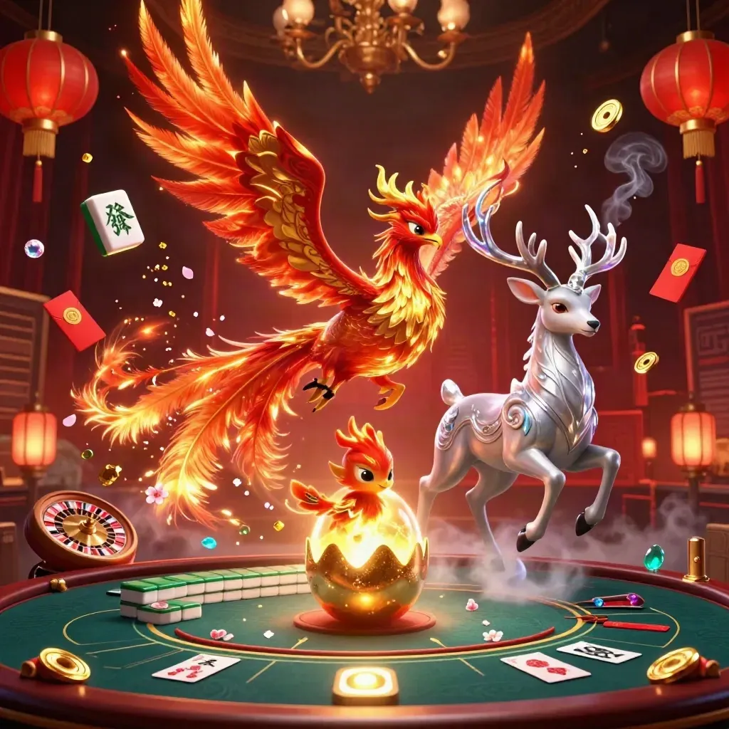 Fire phoenix, hatching baby phoenix, mystical stag, casino props, glowing lounge, neon gold and red