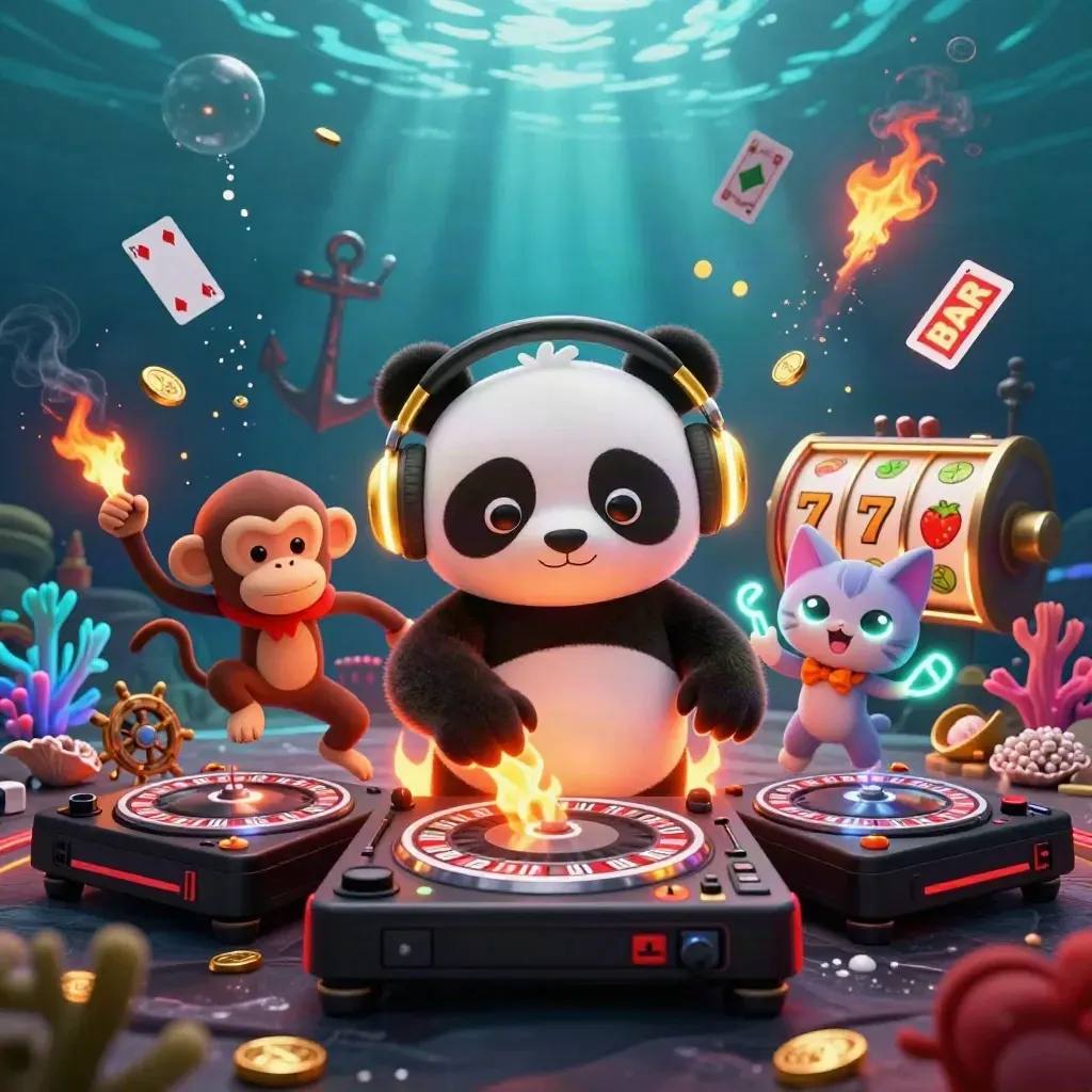 DJ panda, monkey, and glow-stick kitten in an underwater casino treasure burst with neon gold sparks