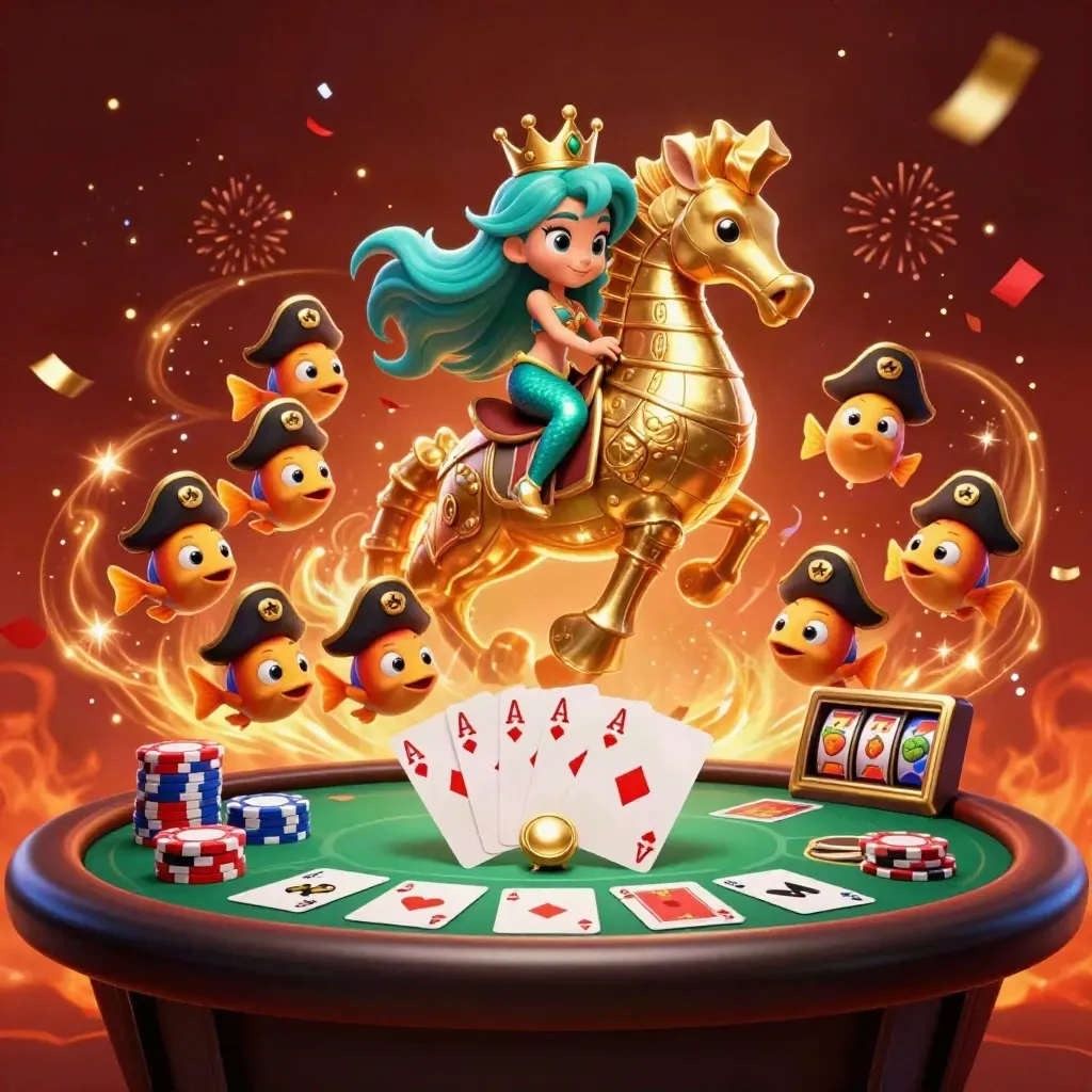 Mermaid princess on a golden seahorse amid poker chips, aces, fireworks, and neon casino glow