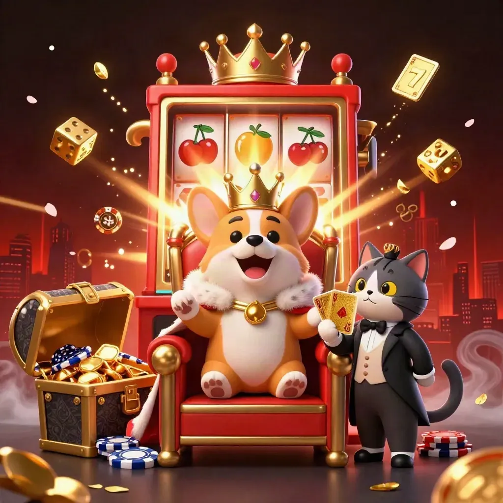 Royal corgi and cat butler amid bursting slot machine gold, dice, chips, and neon red casino energy.