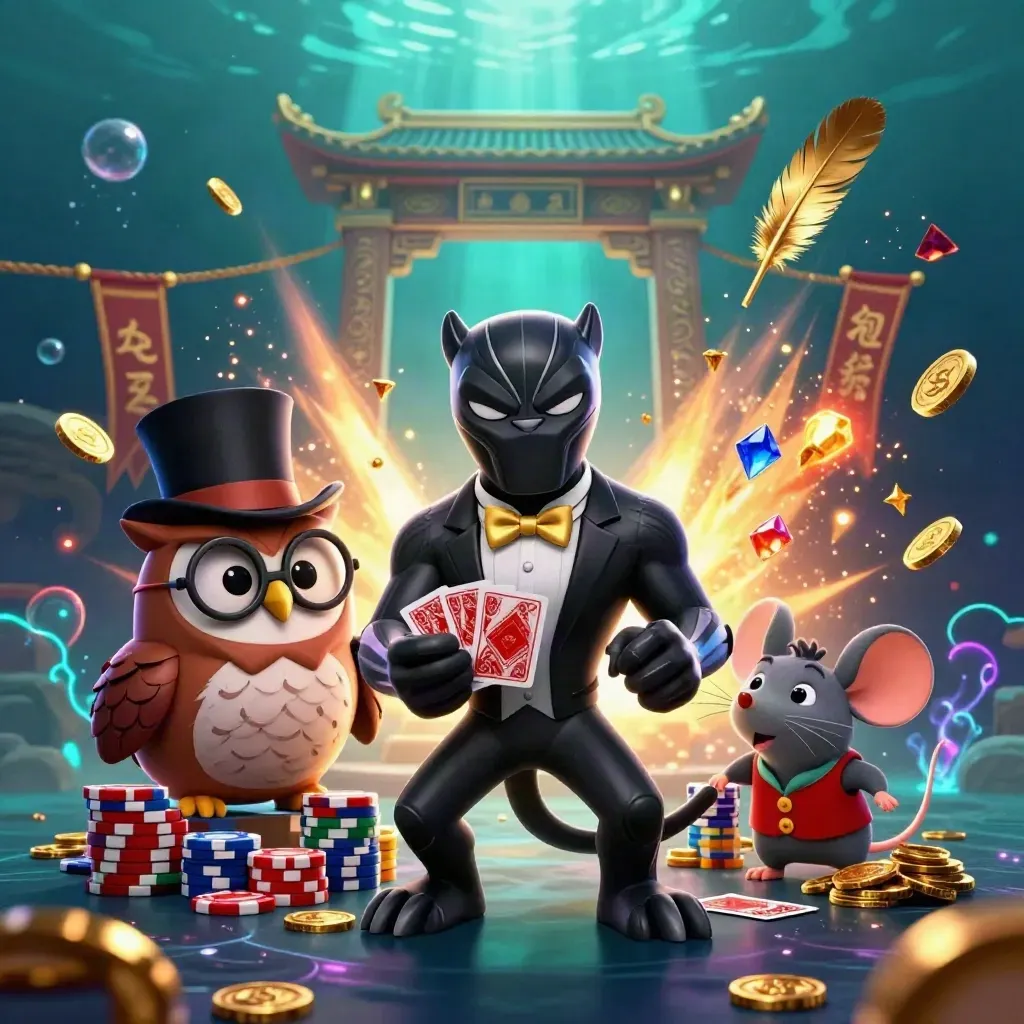 Black panther, owl, and mouse in a glamorous underwater casino scene with coins and treasure burst.