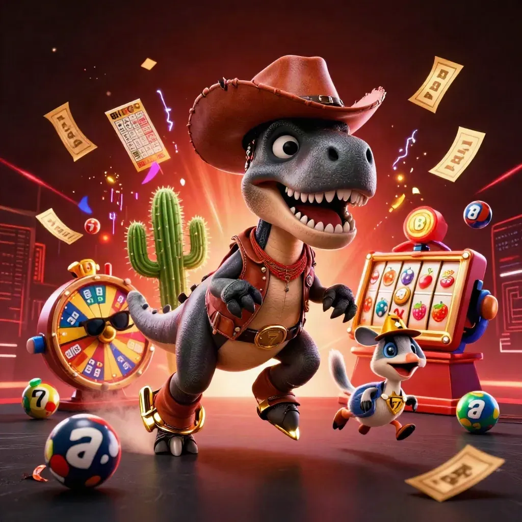 Cowboy T-Rex, cactus sidekick, and roadrunner erupt with neon gold casino loot.