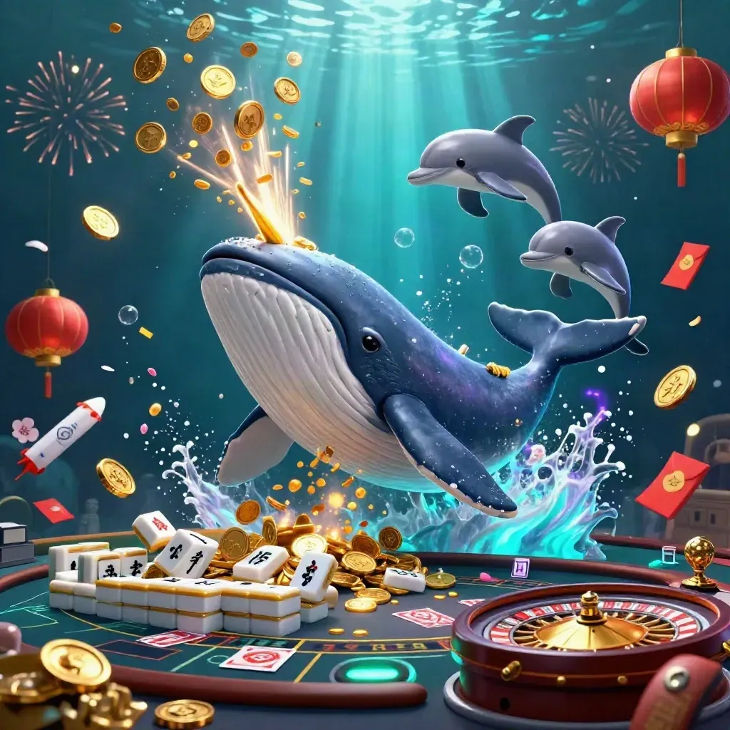 Captain whale, narwhal, and dolphins burst from coins with neon casino fireworks.