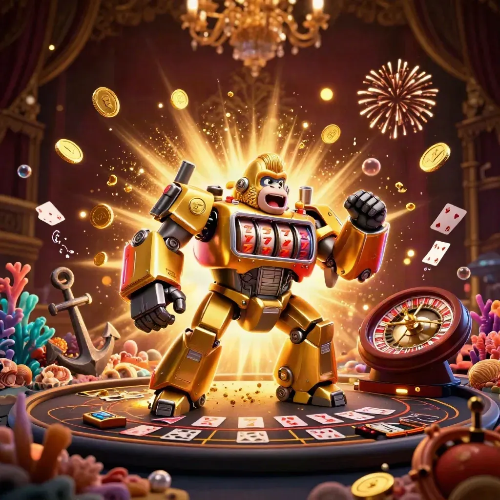 Golden gorilla mech with tiny monkey pilot blasting coins in a dark luxury treasure cove.