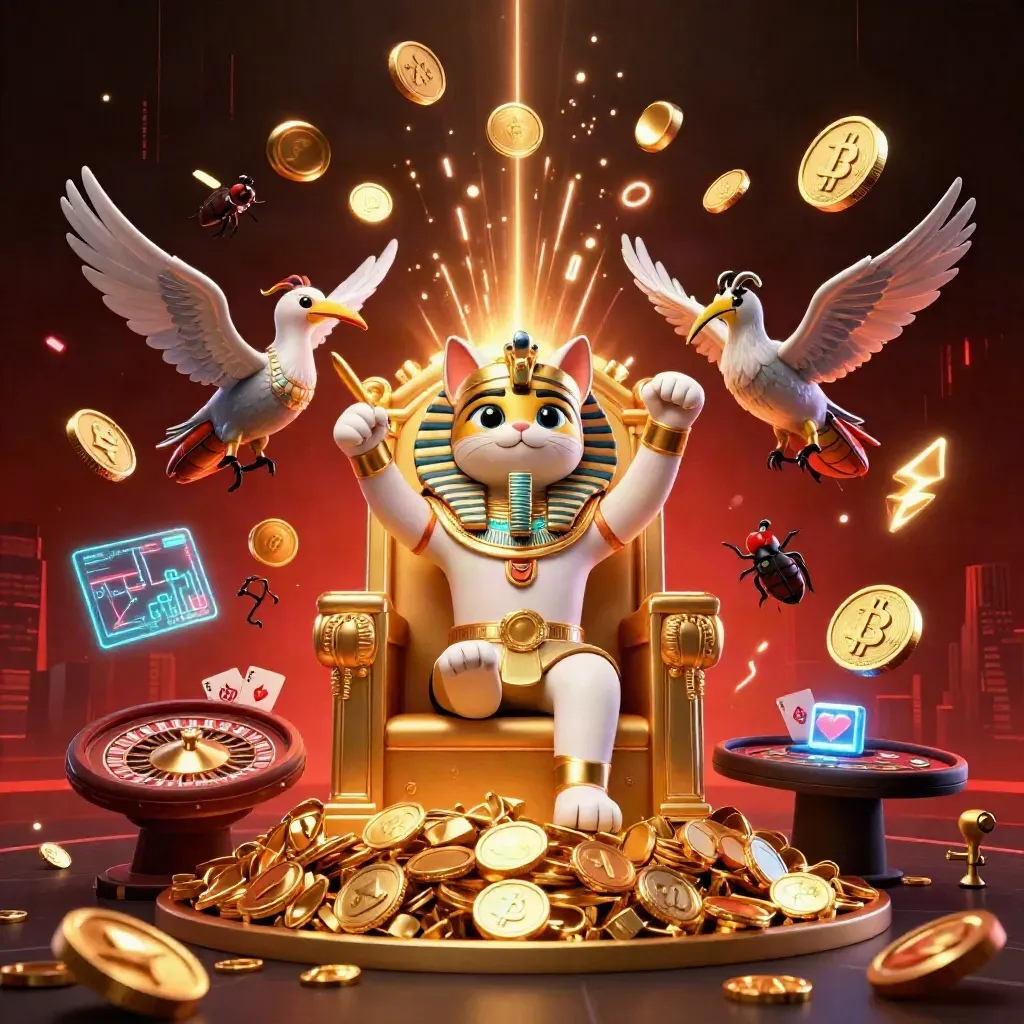 Pharaoh cat throne, ibis scribe, scarabs, casino coins, neon crypto bursts, dark red skyline.