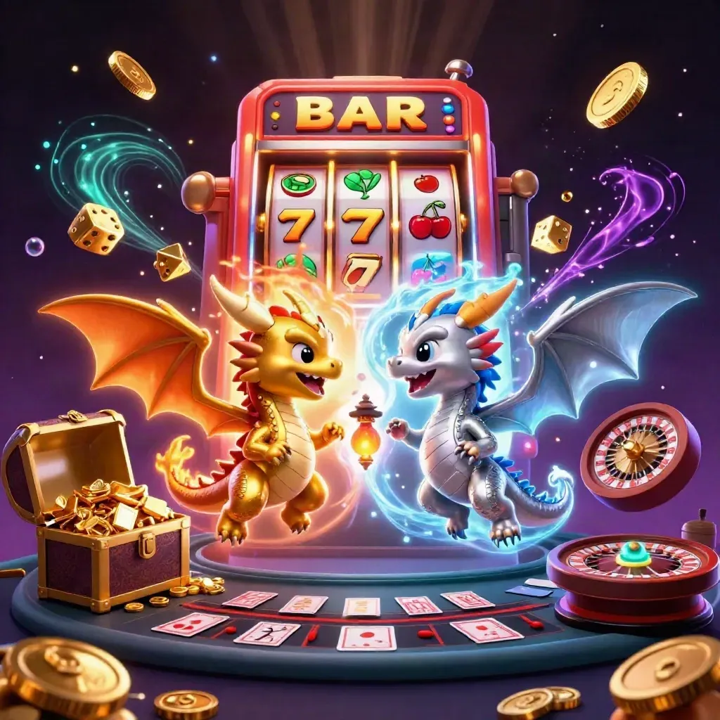 Gold and silver dragons swirl over a bursting slot machine, coins, dice, and casino tables