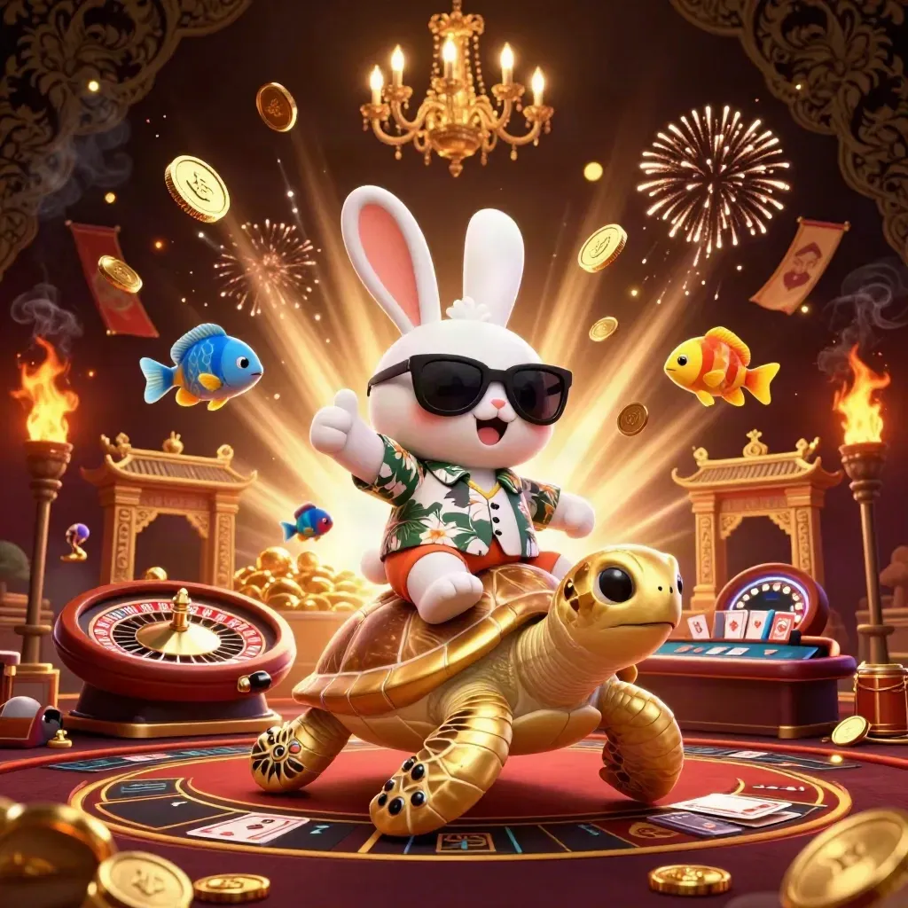 Lucky rabbit rides gem turtle amid casino coins, roulette, temple gate, fireworks and gold glow