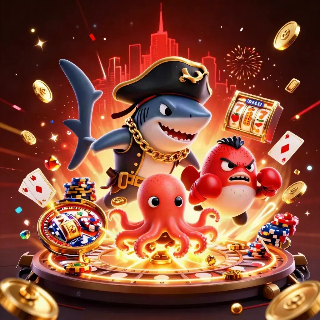Pirate shark, boxing pufferfish, and juggling octopus explode amid casino reels and gold coins.