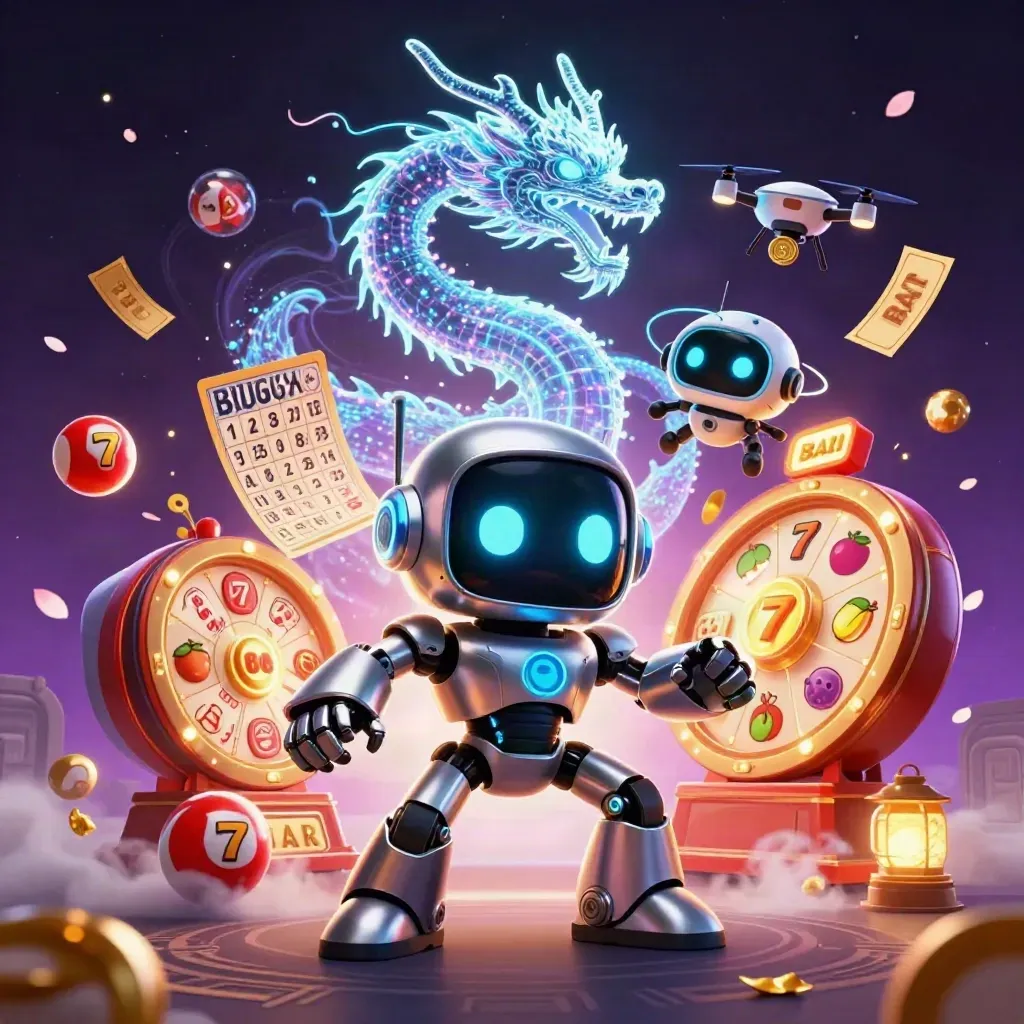 Cyberpunk robot, hologram dragon, and coin drone amid casino bursts on a dark neon background