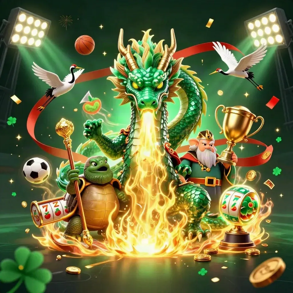 Emerald dragon, turtle sage, and cranes amid casino fire, coins, balls, and glowing slot symbols.