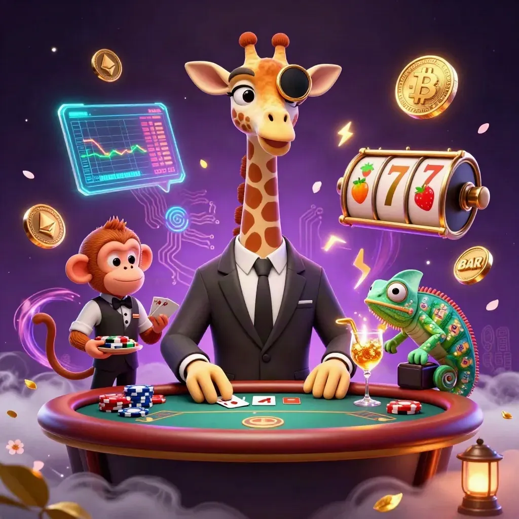 Giraffe high roller with valet monkey and chameleon bartender amid neon casino energy.