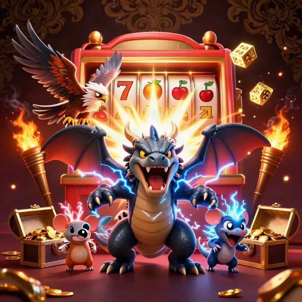 Thunder dragon, hawk, and mouse exploding around a jackpot slot machine with gold and lightning.
