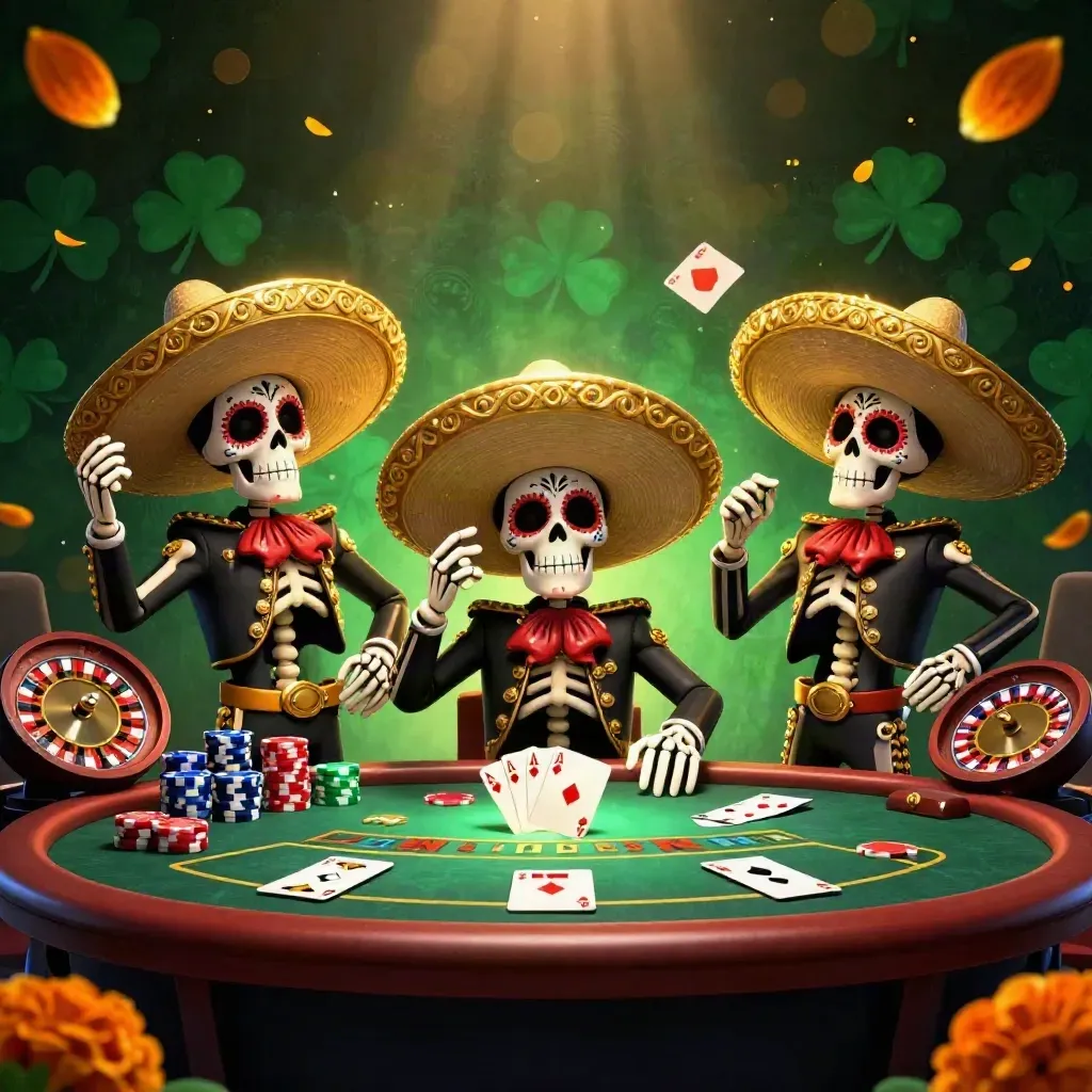 Skeleton mariachi trio with casino chips, cards, roulette wheel, and neon gold lighting.
