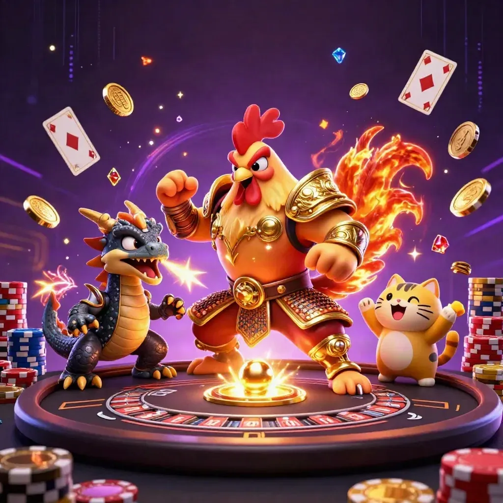 Rooster warrior, dragon hatchling and fortune-cat amid casino chips, cards and glowing roulette